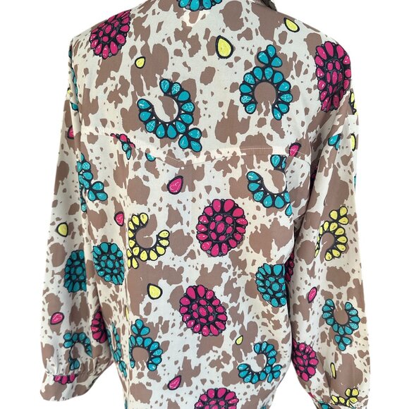 Grace & Emma Small Multicolor Cow Print Floral Long Sleeve Button Blouse - Picture 4 of 6